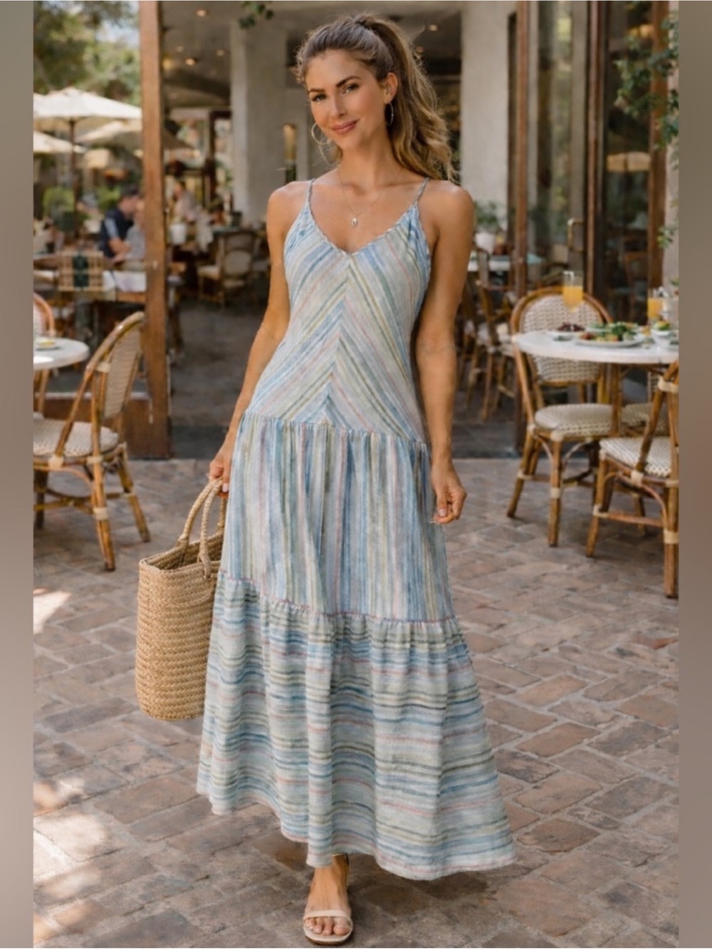 NWOT Self Contrast Sun Washed Striped Maxi Sundress Tiered Blue Pink Boho Small